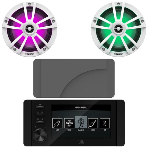JBL JAM6500N Marine Bluetooth USB-C DAB+ Tuner AM/FM Radio Gauge Style SiriusXM-Ready Receiver w/Cover, 2x Infinity Reference 622MLW 6.5" 225W Max Power Waterproof Coaxial White RGB LED Boat Speakers