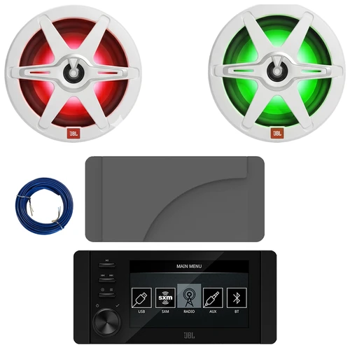 JBL JAM6500N Marine Bluetooth USB-C DAB+ Tuner AM/FM Gauge Style Receiver w/Cover, 2x 8" 450 Watt Max Power 2-Way RGB LED Boat Speakers with White & Gray Grilles, 20 Feet 16 Gauge Speaker Wire