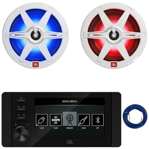 JBL JAM6500N Marine Bluetooth USB-C DAB+ Tuner AM/FM Radio Gauge Style SiriusXM-Ready Receiver, 2x 8" 450 Watt Max 2-Way RGB LED Boat Speakers with White & Gray Grilles, 20 Feet 16 Gauge Speaker Wire