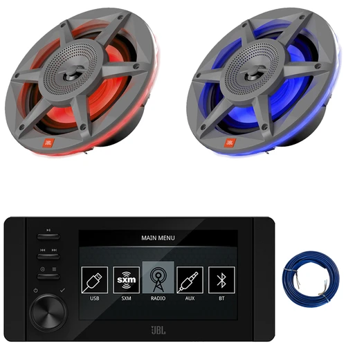 JBL JAM6500N Marine Bluetooth USB-C DAB+ Tuner AM/FM Radio Gauge Style SiriusXM-Ready Receiver, 2x 6.5" 300 Watt Max Power 2-Way RGB LED Gray Boat Audio Speakers, 20 Feet 16 Gauge Speaker Wire