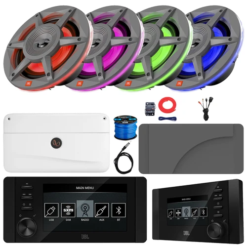 JBL JAM6500N Marine Bluetooth USB-C DAB+ Tuner Gauge Style Receiver w/Wired Remote + Cover, 4x 6.5" 300W Max 2-Way RGB LED Gray Boat Speakers, 4 Channel Amplifier w/Kit, USB Adapter, Antenna, Wire