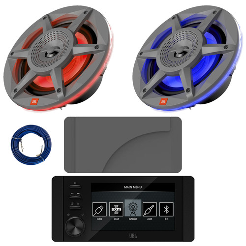 JBL JAM6500N Marine Bluetooth USB-C DAB+ Tuner AM/FM Gauge Style Receiver w/Cover, 2x 6.5" 300 Watt Max Power 2-Way RGB LED Gray Boat Audio Speakers, 20 Feet 16 Gauge Speaker Wire