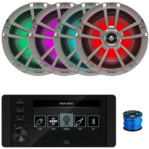 JBL JAM6500N Marine Bluetooth USB-C DAB+ Tuner AM/FM Radio Gauge Style SiriusXM-Ready Receiver, 4x 6.5" 225W Max Power Waterproof Coaxial RGB LED Titanium Boat Speakers, 50 Feet 16 Gauge Speaker Wire