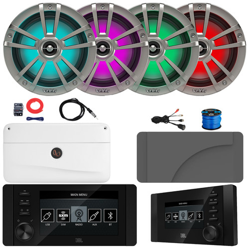 JBL JAM6500N Marine Bluetooth USB-C DAB+ Tuner AM/FM Gauge Style Receiver w/Wired Remote + Cover, 4x 6.5" 225W Max RGB LED Titanium Speakers, 4 Channel Amplifier w/Kit, USB Adapter, Antenna, Wire