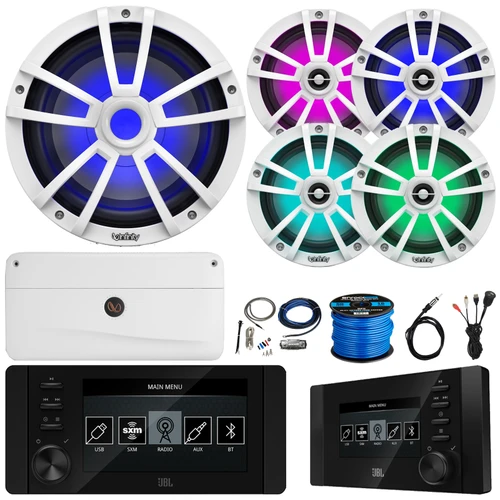 JBL JAM6500N Marine Bluetooth USB-C DAB+ Tuner AM/FM Gauge Style Receiver w/Wired Remote, 4x 6.5" 225W RGB White Speakers, 10" 750W Max Subwoofer, 5 Channel Amplifier w/Kit, USB Adapter, Antenna, Wire
