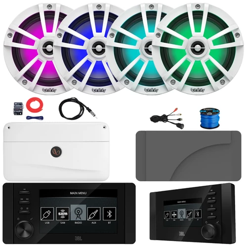 JBL JAM6500N Marine Bluetooth USB-C DAB+ Tuner AM/FM Gauge Style Receiver w/Wired Remote + Cover, 4x 6.5" 225W Max Power RGB LED White Speakers, 4 Channel Amplifier w/Kit, USB Adapter, Antenna, Wire