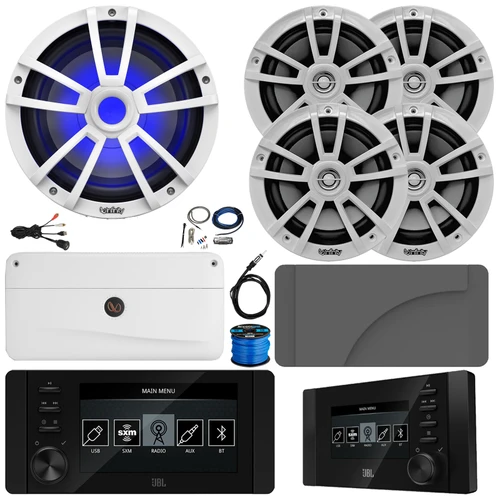 JBL JAM6500N Marine Bluetooth USB-C DAB+ Tuner AM/FM Gauge Style Receiver w/Wired Remote + Cover, 4x 6.5" 225W Max 2-Way Speakers, 10" Subwoofer, 5 Channel Amplifier w/Kit, USB Adapter, Antenna, Wire