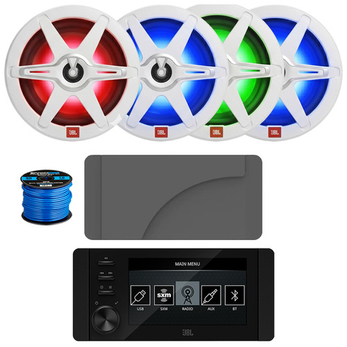 JBL JAM6500N Marine Bluetooth USB-C DAB+ Tuner AM/FM Gauge Style Receiver w/Cover, 4x 8" 450 Watt Max Power 2-Way RGB LED Boat Speakers with White & Gray Grilles, 50 Feet 16 Gauge Speaker Wire