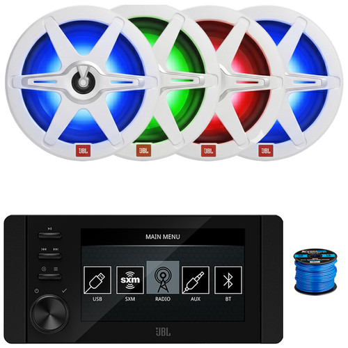 JBL JAM6500N Marine Bluetooth USB-C DAB+ Tuner AM/FM Radio Gauge Style SiriusXM-Ready Receiver, 4x 8" 450 Watt Max 2-Way RGB LED Boat Speakers with White & Gray Grilles, 50 Feet 16 Gauge Speaker Wire