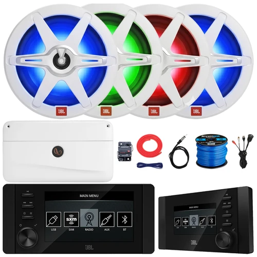 JBL JAM6500N Marine Bluetooth USB-C DAB+ Tuner AM/FM Radio Gauge Style Receiver w/Wired Remote, 4x 8" 450W Max RGB LED Boat Speakers with Grilles, 4 Channel Amplifier w/Kit, USB Adapter, Antenna, Wire