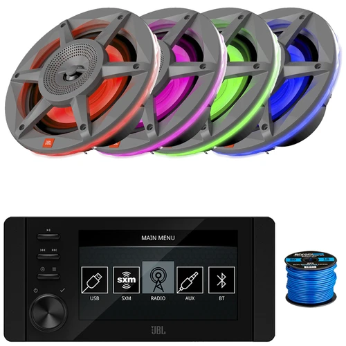 JBL JAM6500N Marine Bluetooth USB-C DAB+ Tuner AM/FM Radio Gauge Style SiriusXM-Ready Receiver, 4x 6.5" 300 Watt Max Power 2-Way RGB LED Gray Boat Audio Speakers, 50 Feet 16 Gauge Speaker Wire