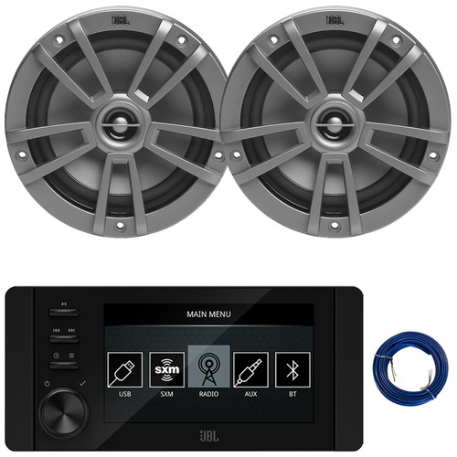 JBL JAM6500N Marine Bluetooth USB-C DAB+ Tuner AM/FM Radio Gauge Style SiriusXM-Ready Receiver, 2x 6.5" 180 Watt Peak Power 2-Way Multi-Element Gray Boat Speakers, 20 Feet 16 Gauge Speaker Wire