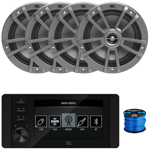 JBL JAM6500N Marine Bluetooth USB-C DAB+ Tuner AM/FM Radio Gauge Style SiriusXM-Ready Receiver, 4x 6.5" 180 Watt Max Power 2-Way Multi-Element Gray Boat Speakers, 50 Feet 16 Gauge Speaker Wire