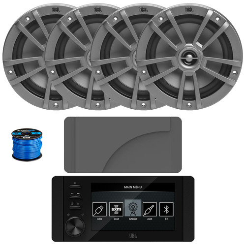JBL JAM6500N Marine Bluetooth USB-C DAB+ Tuner AM/FM Gauge Style Receiver w/Cover, 4x JBL Marine Stage 6 6.5" 180 Watt Max Power 2-Way Multi-Element Gray Boat Speakers, 50 Feet 16 Gauge Speaker Wire