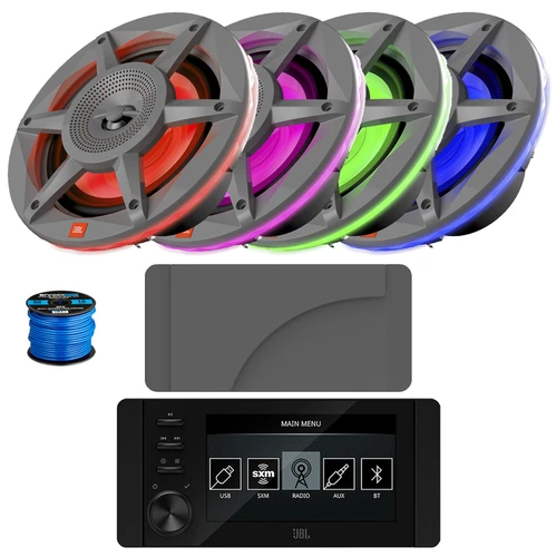 JBL JAM6500N Marine Bluetooth USB-C DAB+ Tuner AM/FM Gauge Style Receiver w/Cover, 4x 6.5" 300 Watt Max Power 2-Way RGB LED Gray Boat Audio Speakers, 50 Feet 16 Gauge Speaker Wire