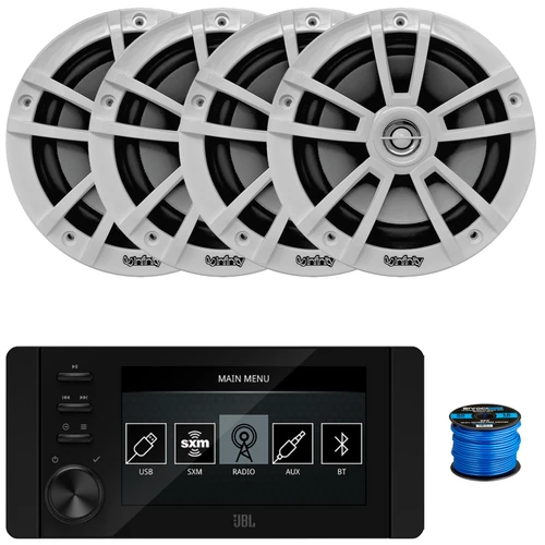 JBL JAM6500N Marine Bluetooth USB-C DAB+ Tuner AM/FM Radio Gauge Style SiriusXM-Ready Receiver, 4x 6.5" 225 Watt Max Power High-Performance White Speakers, 50 Feet 16 Gauge Speaker Wire