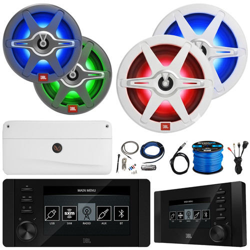 JBL JAM6500N Marine Bluetooth USB-C DAB+ Tuner Gauge Style Receiver w/Wired Remote, 2x 8" 450W Max RGB Speakers, 4x 6.5" 225W Max RGB Speakers, 5 Channel Amplifier w/Kit, USB Adapter, Antenna, Wire