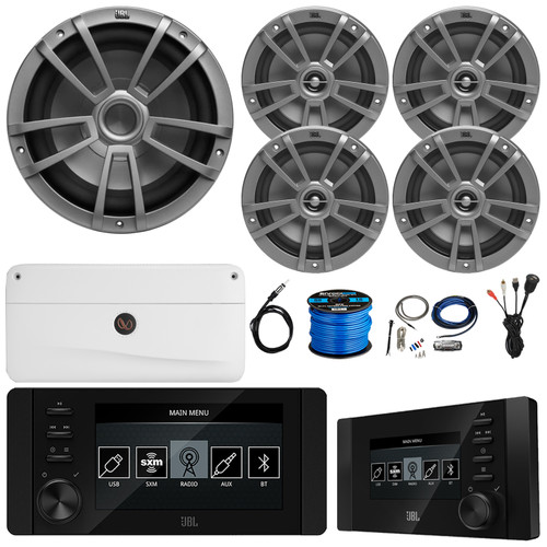 JBL JAM6500N Marine Bluetooth USB-C DAB+ Tuner AM/FM Radio Gauge Style Receiver w/Wired Remote, 4x 6.5" 180W Max Speakers, 10" 600W Max Subwoofer, 5 Channel Amplifier w/Kit, USB Adapter, Antenna, Wire