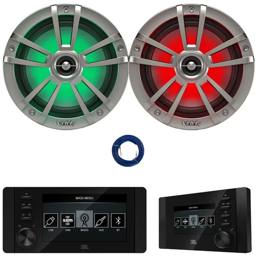 JBL JAM6500N Marine Bluetooth USB-C DAB+ Tuner AM/FM Radio Gauge Style Receiver w/Wired Remote, 2x 6.5" 225W Max Power Waterproof Coaxial RGB LED Titanium Boat Speakers, 20 Feet 16 Gauge Speaker Wire