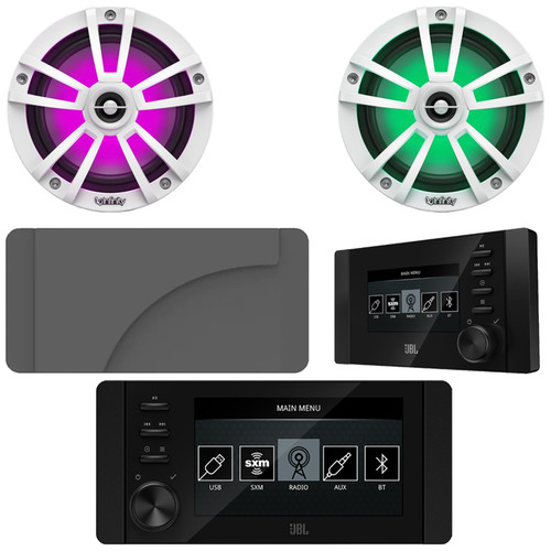 JBL JAM6500N Marine Bluetooth USB-C DAB+ Tuner AM/FM Gauge Style Receiver w/Protective Cover + Wired Remote, 2x Infinity Reference 622MLW 6.5" 225W Max Power Waterproof Coaxial White RGB LED Speakers