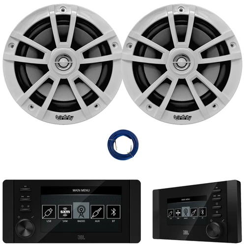 JBL JAM6500N Marine Bluetooth USB-C DAB+ Tuner AM/FM Radio Gauge Style Receiver w/Wired Remote, 2x 6.5" 225 Watt Max Power High-Performance 2-Way Boat Speakers, 20 Feet 16 Gauge Speaker Wire