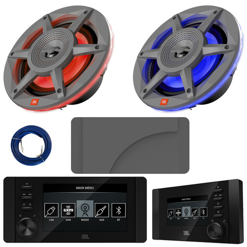 JBL JAM6500N Marine Bluetooth USB-C DAB+ Tuner AM/FM Radio Gauge Style Receiver w/Wired Remote + Cover, 2x JBL Stadium 6.5" 300 Watt Max Power 2-Way RGB LED Gray Boat Audio Speakers, Speaker Wire