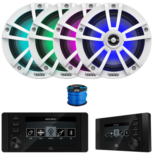 JBL JAM6500N Marine Bluetooth USB-C DAB+ Tuner AM/FM Radio Gauge Style Receiver w/Wired Remote, 4x 6.5" 225W Max Power Waterproof Coaxial RGB LED White Boat Speakers, 50 Feet 16 Gauge Speaker Wire