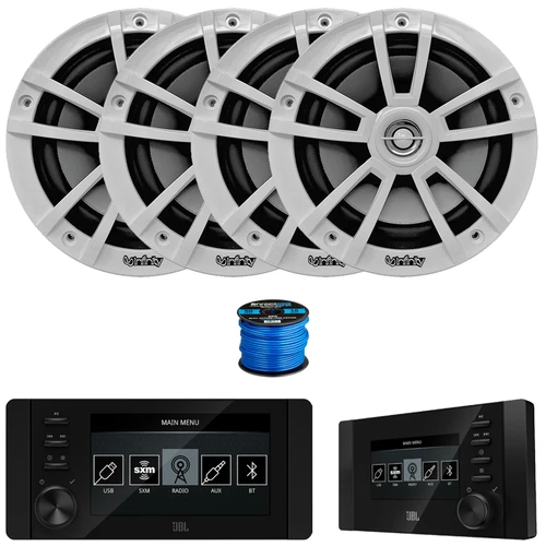 JBL JAM6500N Marine Bluetooth USB-C DAB+ Tuner AM/FM Radio Gauge Style Receiver w/Wired Remote, 4x 6.5" 225 Watt Max Power High-Performance 2-Way Boat Speakers, 50 Feet 16 Gauge Speaker Wire