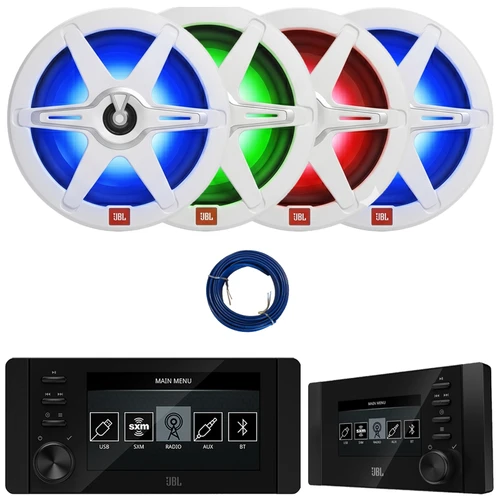 JBL JAM6500N Marine Bluetooth USB-C DAB+ Tuner AM/FM Radio Gauge Style Receiver w/Wired Remote, 4x 8" 450W Max 2-Way RGB LED Boat Speakers with White & Gray Grilles, 20 Feet 16 Gauge Speaker Wire