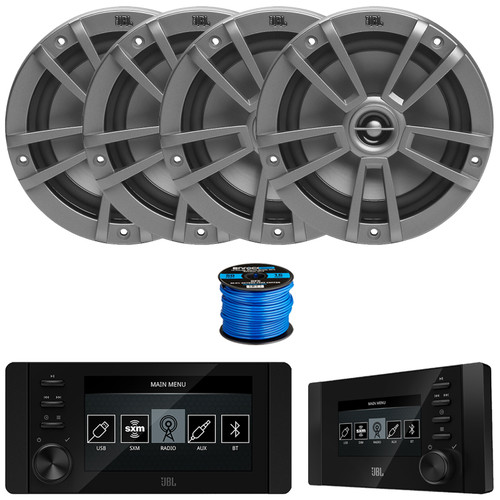 JBL JAM6500N Marine Bluetooth USB-C DAB+ Tuner AM/FM Radio Gauge Style Receiver w/Wired Remote, 4x 6.5" 180 Watt Max Power 2-Way Multi-Element Gray Boat Speakers, 50 Feet 16 Gauge Speaker Wire