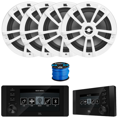 JBL JAM6500N Marine Bluetooth USB-C DAB+ Tuner AM/FM Radio Gauge Style Receiver w/Wired Remote, 4x 6.5" 180 Watt Max Power 2-Way Multi-Element White Boat Speakers, 50 Feet 16 Gauge Speaker Wire
