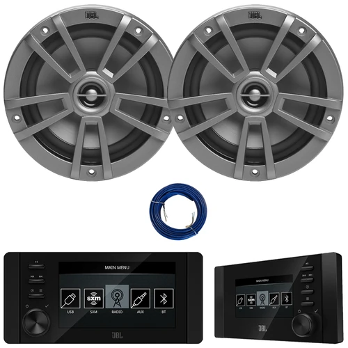 JBL JAM6500N Marine Bluetooth USB-C DAB+ Tuner AM/FM Radio Gauge Style Receiver w/Wired Remote, 2x 6.5" 180 Watt Peak Power 2-Way Multi-Element Gray Boat Speakers, 20 Feet 16 Gauge Speaker Wire