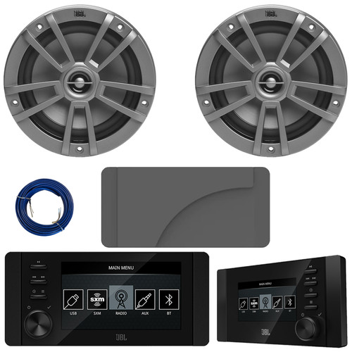 JBL JAM6500N Marine Bluetooth USB-C DAB+ Tuner AM/FM Radio Gauge Style Receiver w/Wired Remote + Cover, 2x JBL Marine Stage 6 6.5" 180W Peak Power 2-Way Multi-Element Gray Boat Speakers, Speaker Wire