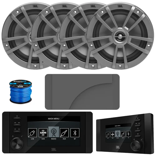 JBL JAM6500N Marine Bluetooth USB-C DAB+ Tuner AM/FM Radio Gauge Style Receiver w/Wired Remote + Cover, 4x JBL Marine Stage 6 6.5" 180W Peak Power 2-Way Multi-Element Gray Boat Speakers, Speaker Wire