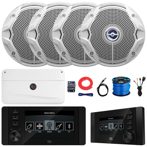 JBL JAM6500N Marine Bluetooth USB-C DAB+ Tuner AM/FM Radio Gauge Style Receiver w/Wired Remote, 4x 6.5" 180W Max Dual Cone Stereo White Speakers, 4 Channel Amplifier w/Kit, USB Adapter, Antenna, Wire