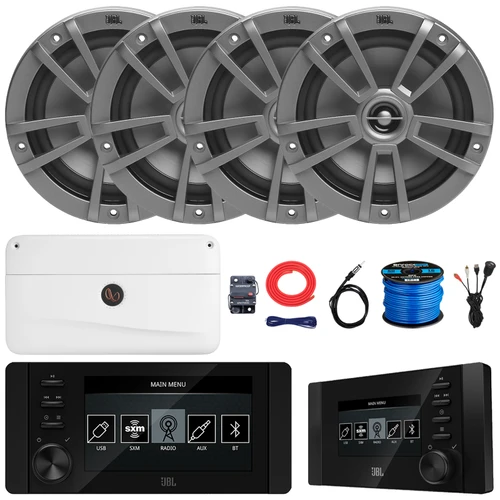JBL JAM6500N Marine Bluetooth USB-C DAB+ Tuner AM/FM Radio Gauge Style Receiver w/Wired Remote, 4x 6.5" 180 Watt Max Multi-Element Gray Speakers, 4 Channel Amplifier w/Kit, USB Adapter, Antenna, Wire