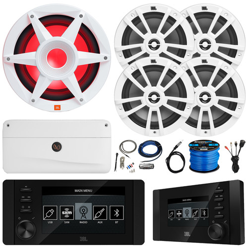 JBL JAM6500N Marine Bluetooth USB-C DAB+ Tuner AM/FM Gauge Style Receiver w/Wired Remote, 4x 6.5" 180W Max White Speakers, 10" 900W Max Subwoofer, 5 Channel Amplifier w/Kit, USB Adapter, Antenna, Wire