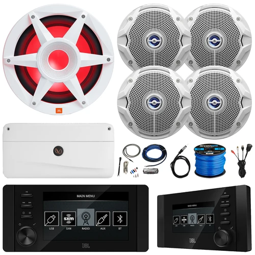 JBL JAM6500N Marine Bluetooth USB-C DAB+ Tuner AM/FM Gauge Style Receiver w/Wired Remote, 4x 6.5" 180W Max White Speakers, 10" 900W Max Subwoofer, 5 Channel Amplifier w/Kit, USB Adapter, Antenna, Wire