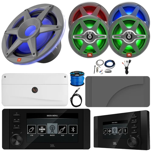 JBL JAM6500N Marine Bluetooth USB-C DAB+ Tuner Gauge Style Receiver w/Wired Remote + Cover, 4x 6.5" 225W Max Speakers, 10" 900W Max Subwoofer, 5 Channel Amplifier w/Kit, USB Adapter, Antenna, Wire