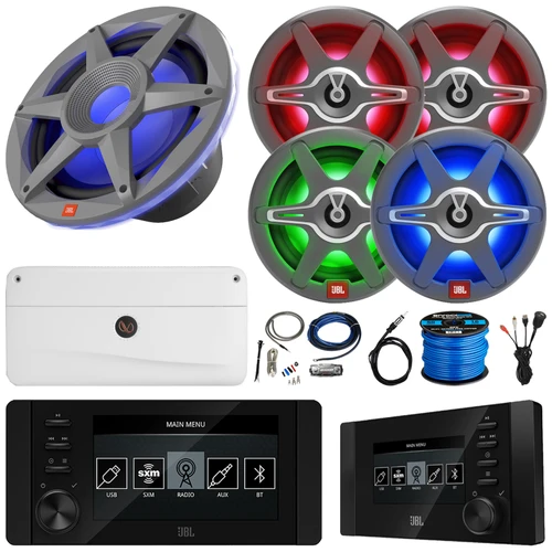 JBL JAM6500N Marine Bluetooth USB-C DAB+ Tuner AM/FM Gauge Style Receiver w/Wired Remote, 4x 6.5" 225W Max RGB Speakers, 10" 900W Max Subwoofer, 5 Channel Amplifier w/Kit, USB Adapter, Antenna, Wire
