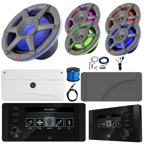 JBL JAM6500N Marine Bluetooth USB-C DAB+ Tuner Gauge Style Receiver w/Wired Remote + Cover, 4x 6.5" 300W Max Speakers, 10" 900W Max Subwoofer, 5 Channel Amplifier w/Kit, USB Adapter, Antenna, Wire
