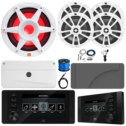 JBL JAM6500N Marine Bluetooth USB-C DAB+ Tuner Gauge Style Receiver w/Wired Remote + Cover, 4x 6.5" 180W Max Speakers, 10" 900W Max Subwoofer, 5 Channel Amplifier w/Kit, USB Adapter, Antenna, Wire