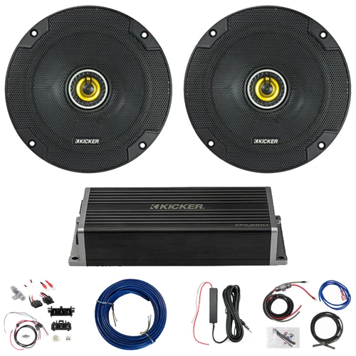 2x Kicker CSC65 CS Series 6.5" 300W Max 2-Way Coaxial Speakers, 4-Channel 350W Amplifier w/Front Wiring Harness + Install Kit, Antenna Booster, Speaker Wire (Bundle Fits 2014+ Harley Davidson FLH/FLT)