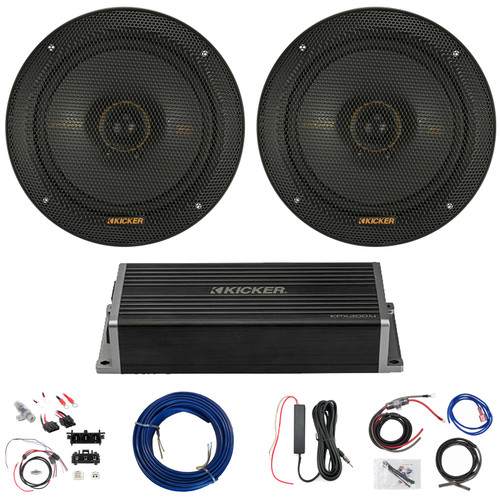 2x Kicker KSC650 KS-Series 6.5" 200W Max 2-Way Thin-Mount Speakers, 4-Channel Amplifier w/Front Wiring Harness + Install Kit, Antenna Booster, Speaker Wire (Bundle Fits 2014+ Harley Davidson FLH/FLT)