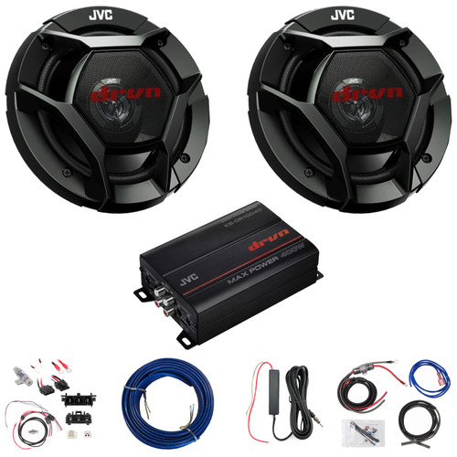 2x JVC CS-DR621 6.5" 300 Watt Max Power 2-Way Coaxial Speakers, 4-Channel Amplifier w/Front Wiring Harness + Install Kit, Antenna Booster, Speaker Wire (Bundle Fits 2014+ Harley Davidson FLH/FLT)