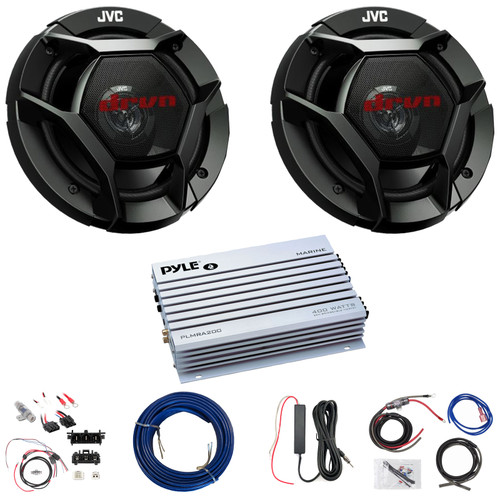 2x JVC CS-DR621 6.5" 300 Watt Max Power 2-Way Coaxial Speakers, 2-Channel Amplifier w/Front Wiring Harness + Install Kit, Antenna Booster, Speaker Wire (Bundle Fits 2014+ Harley Davidson FLH/FLT)