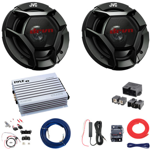 2x JVC CS-DR621 6.5" 300W Max 2-Way Coaxial Speakers, 4-Channel 400 Watt Amplifier w/Front Wiring Harness + Install Kit, Power Block, Antenna Booster, Wire (Fits 2014+ Harley Davidson FLH/FLT)