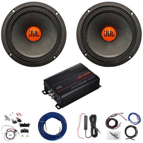 2x JBL SHOCKWAVE150W65 6.5" 300W Max Power Midrange Woofer Speakers, 4-Channel Amplifier w/Front Wiring Harness + Install Kit, Antenna Booster, Speaker Wire (Bundle Fits 2014+ Harley Davidson FLH/FLT)