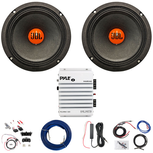 2x JBL 6.5" 300 Watt Max Power Midrange Woofer Speakers, 2-Channel 240 Watt Amplifier w/Front Wiring Harness + Install Kit, Antenna Booster, Speaker Wire (Bundle Fits 2014+ Harley Davidson FLH/FLT)