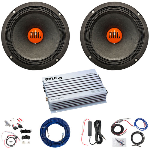2x JBL SHOCKWAVE150W65 6.5" 300W Max Power Midrange Woofer Speakers, 2-Channel Amplifier w/Front Wiring Harness + Install Kit, Antenna Booster, Speaker Wire (Bundle Fits 2014+ Harley Davidson FLH/FLT)